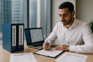 Finance professional signs the final VAT return while a tax portal is open on a laptop; blue binders labeled “FINAL VAT RETURN” and a transfer confirmation on the desk.