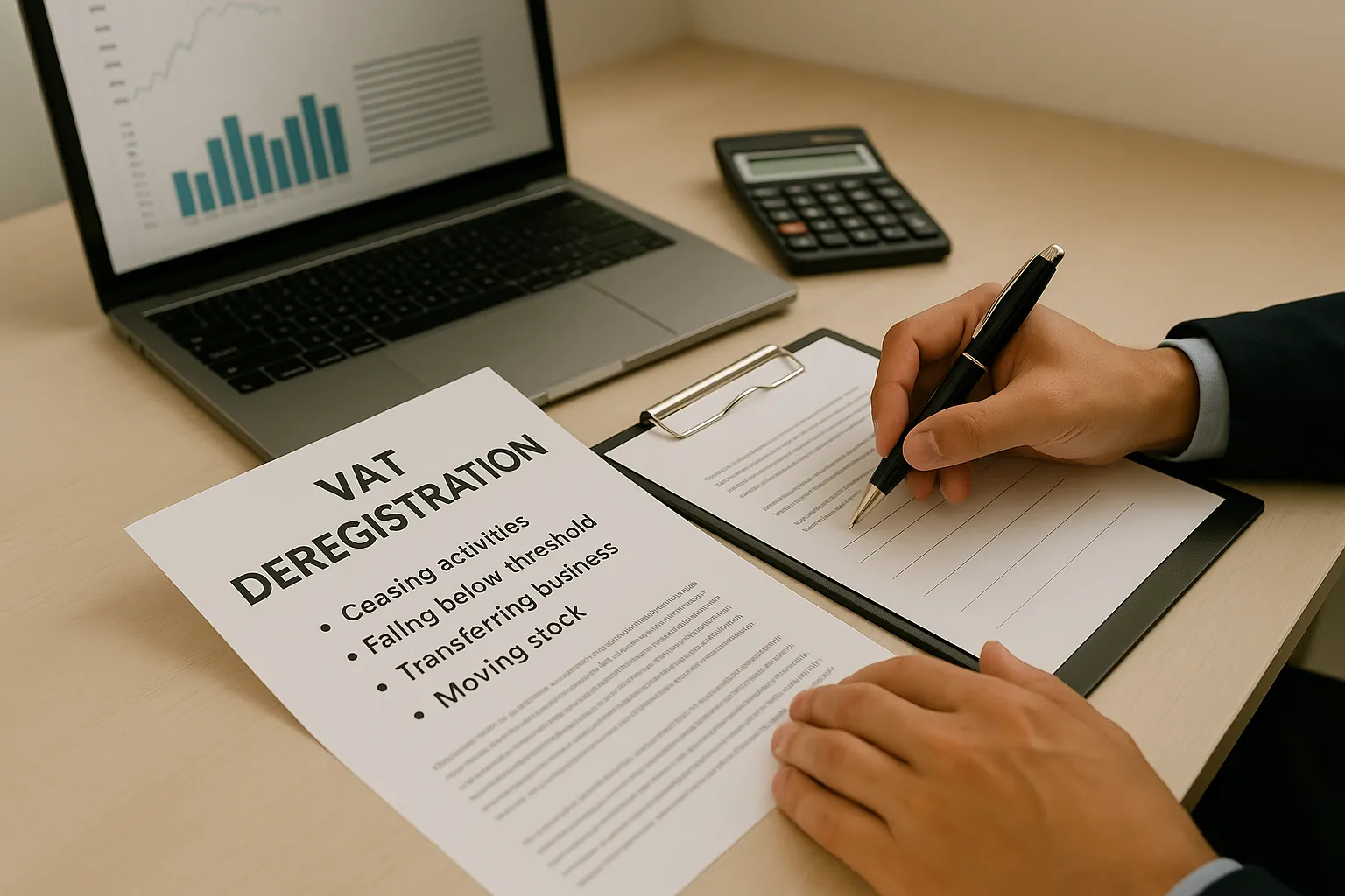 Business desk with VAT deregistration form, financial graphs, laptop, and a suited hand signing documents.