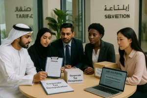 Diverse finance team reviewing corporate tax deregistration; closure checklist and UAE Tax Portal visible on laptop.