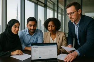 Four professionals review a VAT registration form on a laptop in a Dubai office, with the Burj Khalifa in the background.