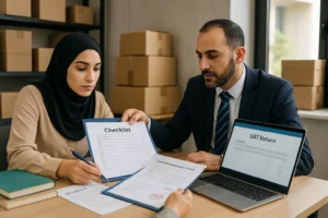 Two colleagues reviewing a VAT return checklist at a desk; a woman wearing a headscarf holds a “Checklist” sheet while a laptop shows “VAT Return”.