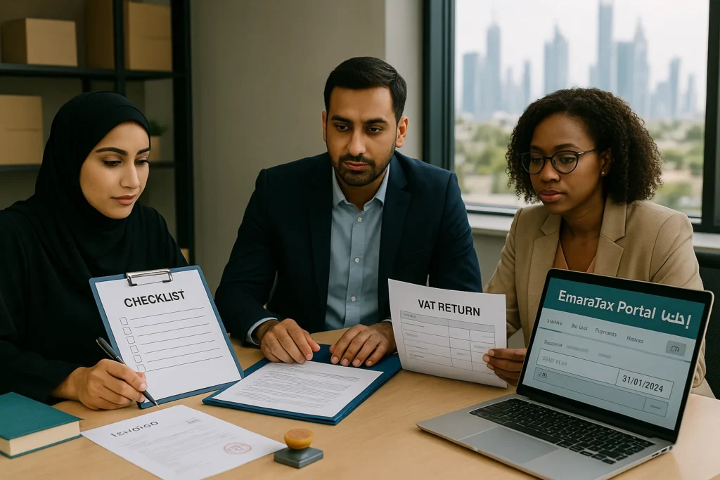 Finance team preparing VAT and corporate tax returns with checklists and the EmaraTax portal in a client meeting.